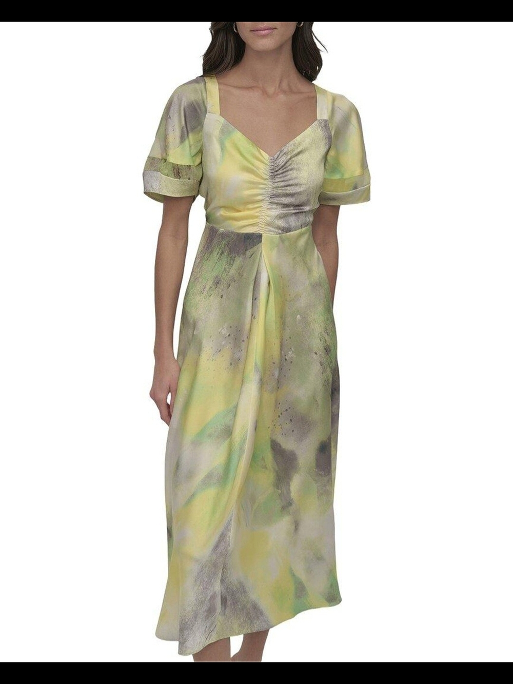 Dkny Yellow-Green Watercolor Ruched Midi Dress